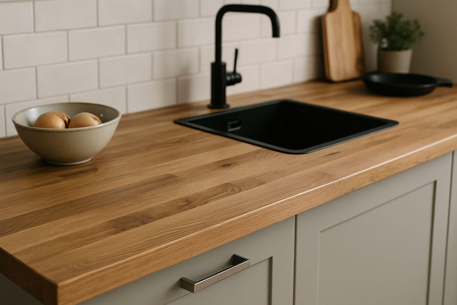Hochauflösende Nahaufnahme einer geölten Holzarbeitsplatte mit natürlicher Maserung, schwarzer Spüle und minimalistischer Küchendekoration.