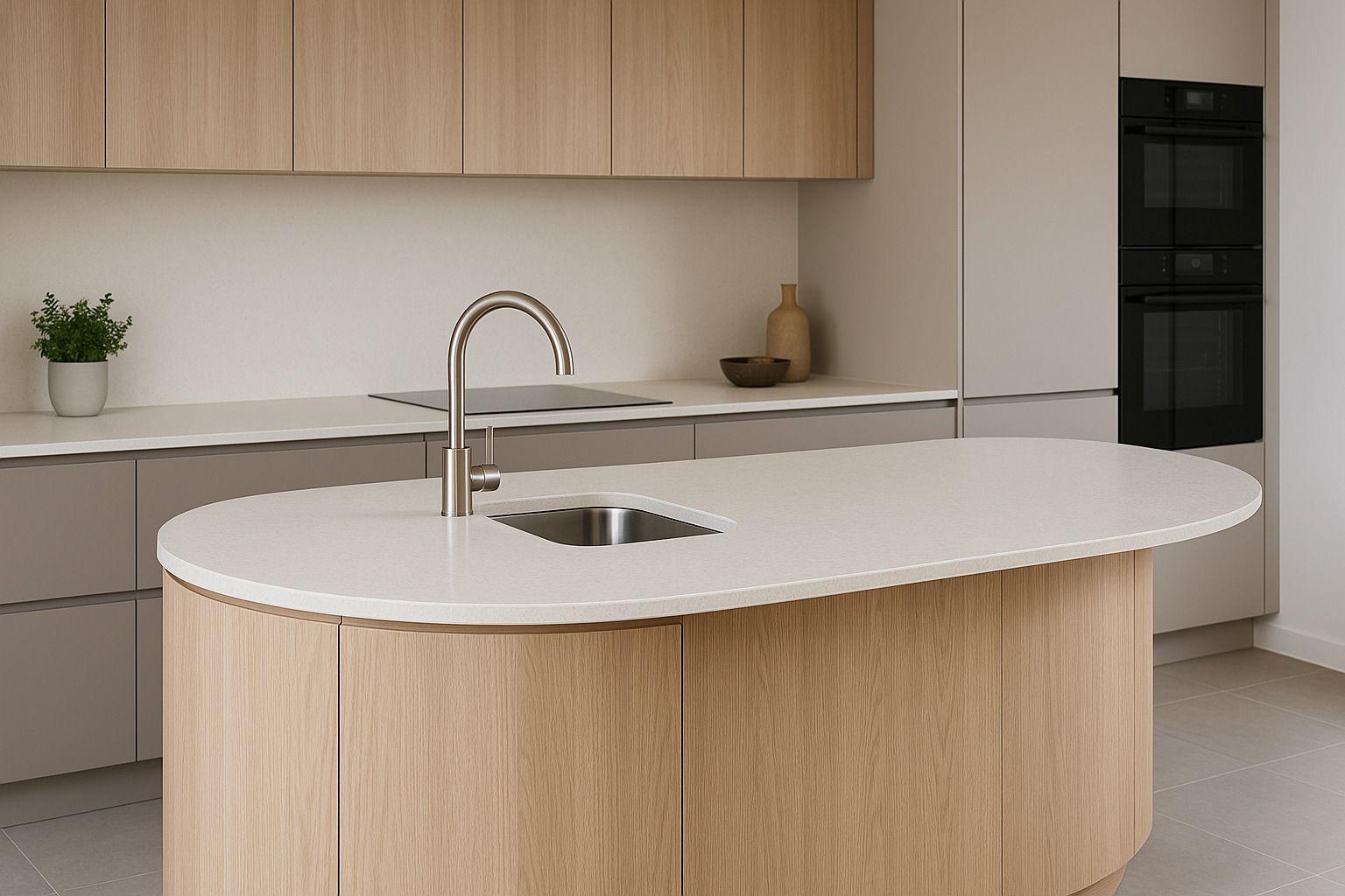 Moderne Küche mit abgerundeter Kücheninsel aus hellem Holz und glatter Quarzoberfläche in minimalistischer Gestaltung.