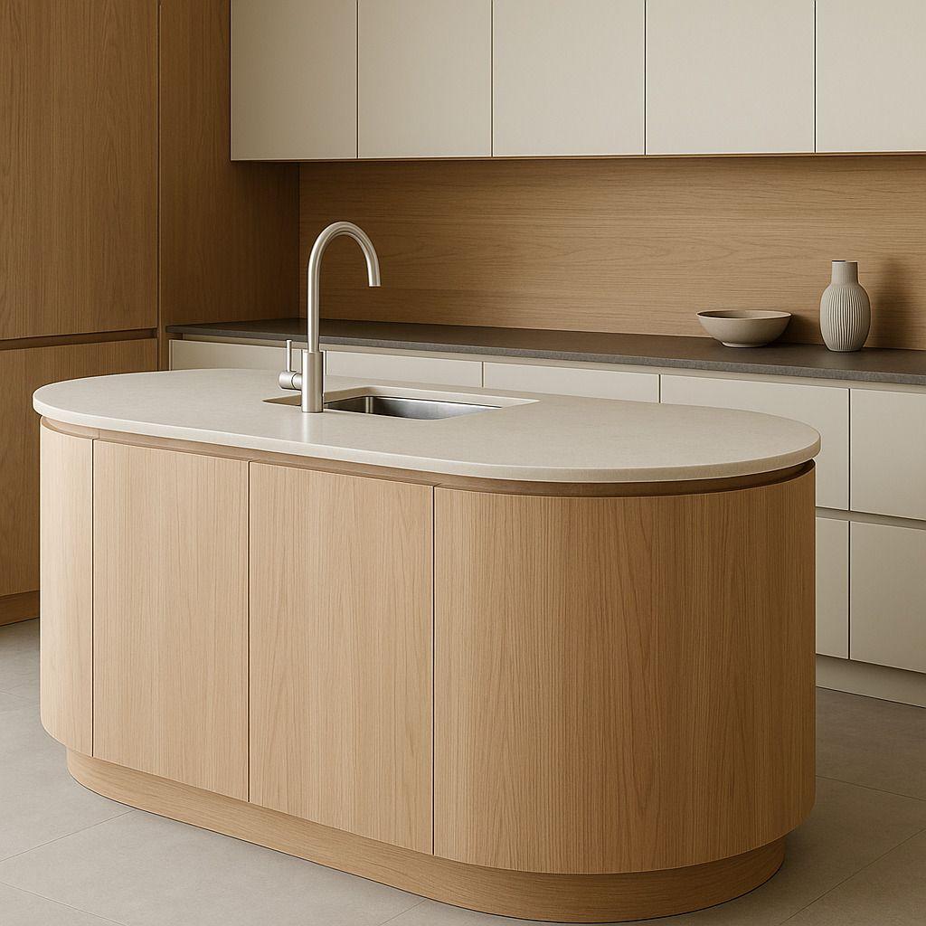 Moderne Küche mit abgerundeter Kücheninsel aus hellem Holzfurnier und glatter Quarzarbeitsfläche.