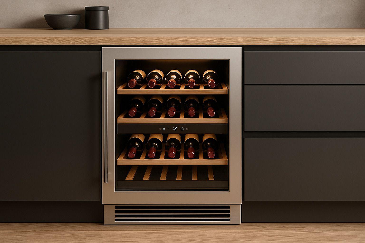 Eingebauter Weinkühlschrank mit Edelstahlrahmen und Holzregalen in moderner Küche mit dunklen Fronten und Holzarbeitsplatte.