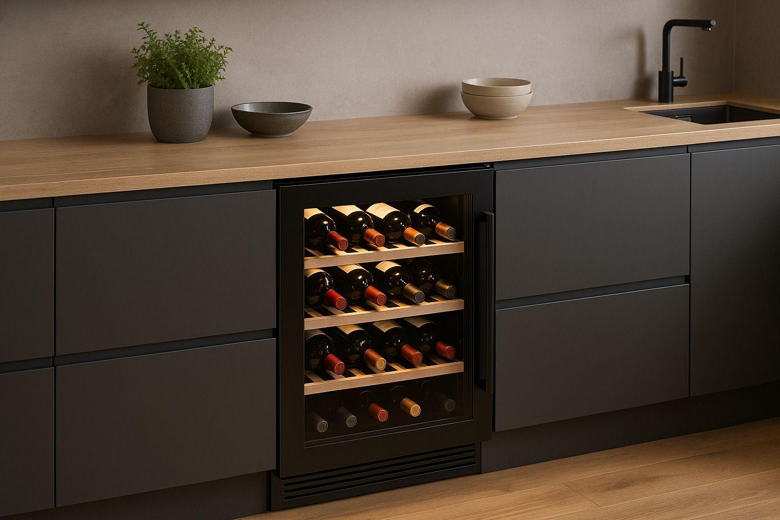 Eingebauter Weinkühlschrank in moderner Küche mit Glastür, Holzregalen und stilvoller LED-Innenbeleuchtung unter Holzarbeitsplatte.